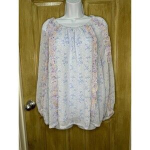 Ann Taylor Floral Peasant Blouse Top Purple Floral Long Sleeve Shear Lined XL